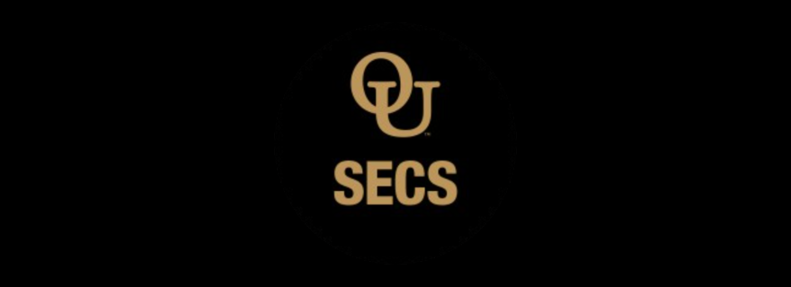 Oakland University School of Engineering and Computer Science landscape lockup: gold OU monogram beside the school name.